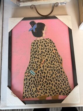 Framed Pink Wall Art: Girl in Leopard Coat